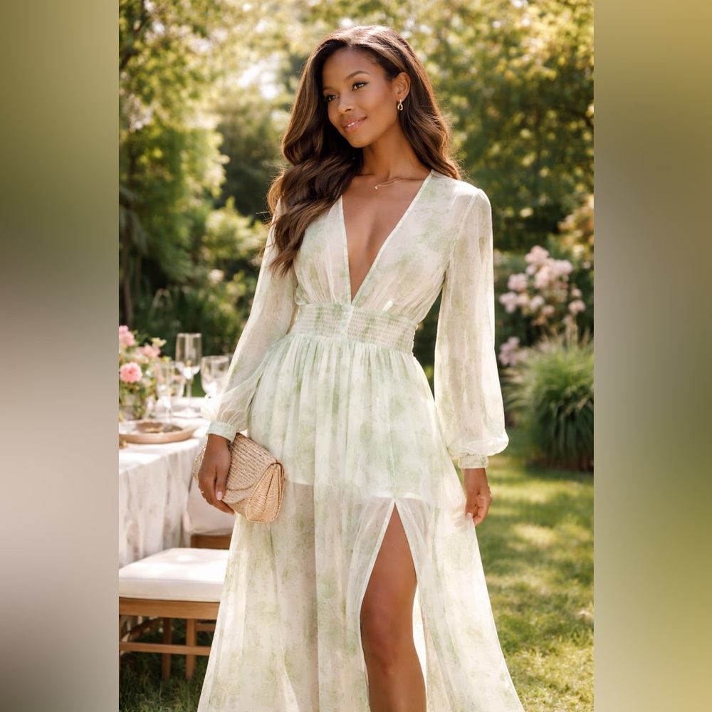 Sage Green Floral Maxi Dress Long Sleeve Sheer Slit Boho Romantic Size L NWT